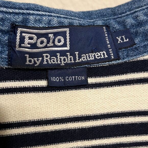 NWOT POLO by Ralph Lauren Ivory Polo with Navy Stripes and a Denim Collar - Picture 5 of 6